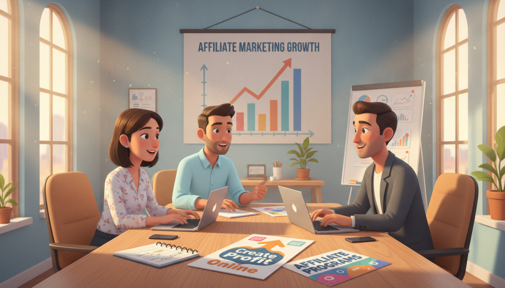 A bright and inviting office space showcases a diverse group of three professionals (two men and one woman) engaging in a lively discussion around a large wooden table. They are dressed in smart casual attire. On the table, laptops, a notepad, and a few colorful brochures showcasing various affiliate programs are visible. In the background, an inspirational chart detailing affiliate marketing growth hangs on the wall. Soft, natural light filters in through large windows, casting a warm glow that enhances the collaborative atmosphere. The composition is well-balanced, focusing on the engaged teamwork while making the affiliate program materials prominent. The logo "Create Profit Online" subtly appears on a brochure on the table. The overall mood is energetic and productive, reflecting a dynamic approach to selecting and joining affiliate programs.