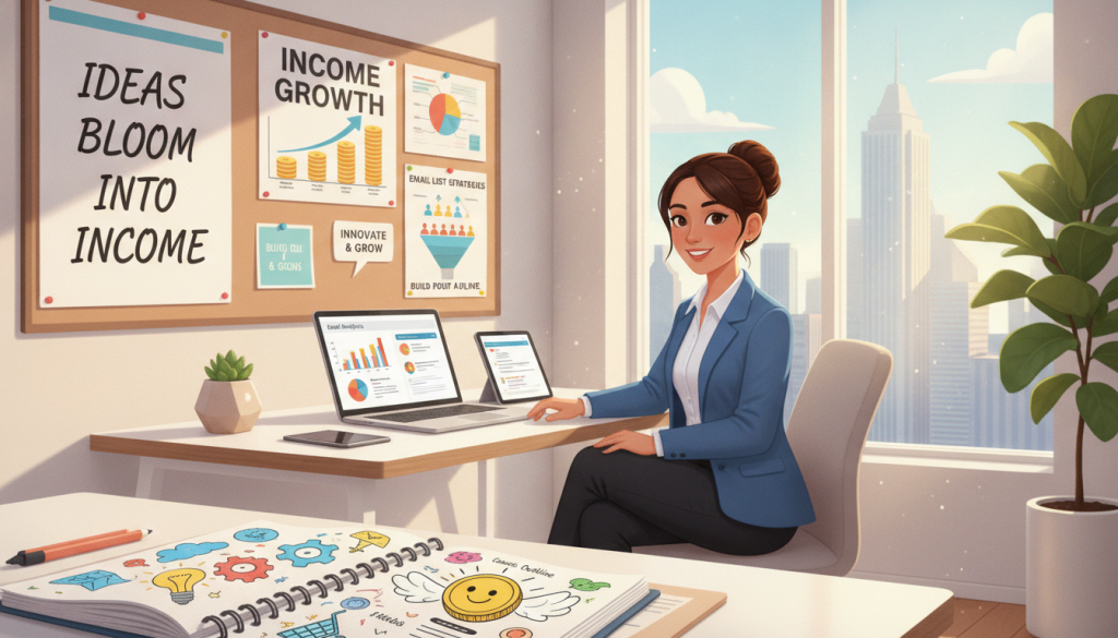 A bright, modern workspace featuring a focused professional in business attire, sitting at a sleek desk surrounded by digital devices like a laptop and tablet displaying graphs and email analytics. In the foreground, an open notebook filled with colorful sketches of digital product ideas. The middle ground showcases a wall with pinned visual content, including infographics about income growth and email list strategies. The background features a large window letting in soft, warm sunlight, creating an inviting atmosphere. Incorporate elements such as plants and motivational quotes on the walls to enhance creativity. The overall mood is inspiring and focused, reflecting the theme of "Growing Income with Digital Products and Email List Building." Include the brand name "Create Profit Online" subtly integrated into the workspace design.