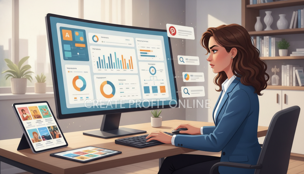 A creative workspace featuring a sleek desktop setup with a large monitor displaying Pinterest analytics and marketing strategies. In the foreground, a professional woman in business attire is actively engaging with the computer, showcasing a focused expression. The middle layer includes vibrant visuals of Pinterest boards with eye-catching pins, colored graphs illustrating growth, and digital tools for SEO. The background portrays a modern office setting with shelves displaying books on marketing and inspiring decor. Soft, natural lighting fills the room, creating an inviting atmosphere. The image evokes a sense of productivity and innovation. Incorporate the brand name "Create Profit Online" subtly in the design, ensuring it doesn’t distract from the main elements.