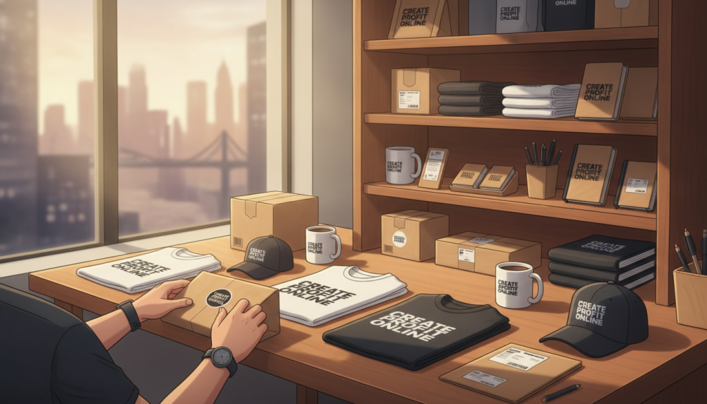 A creative workspace featuring merchandise being sold without revealing identity, set against a soft-focus urban backdrop. In the foreground, an assortment of stylish branded merchandise, such as t-shirts, mugs, and caps displaying the brand "Create Profit Online," is neatly arranged on a wooden table. A pair of hands, clad in professional casual attire, is skillfully wrapping a package for shipment, with no visible face. The middle ground shows an organized shelf filled with alluring packaging and product samples. The background features blurred cityscape elements, bathed in warm, natural light that creates an inviting atmosphere. The shot is taken from a slightly elevated angle to emphasize the action of selling while maintaining anonymity, exuding a sense of professionalism and creativity in e-commerce.