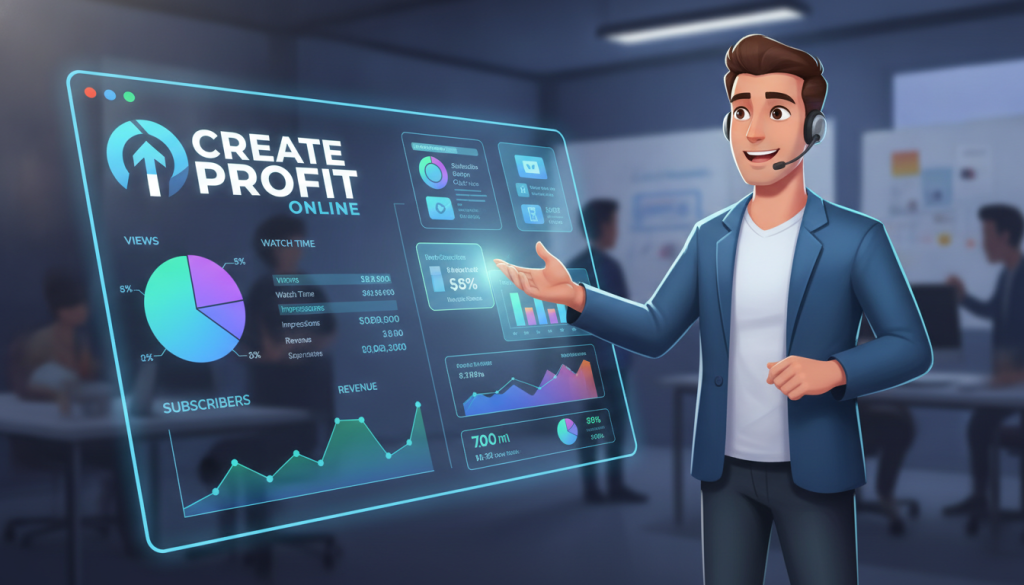 A dynamic YouTube analytics dashboard glowing with vibrant colors in the foreground, displaying various engagement metrics, with the "Create Profit Online" logo prominently featured. In the middle ground, a professional-looking person in smart casual attire is interacting with the screen, enthusiastically pointing at digital end screens and cards that illustrate viewer engagement components. The background features soft-focus silhouettes of a creative workspace, hinting at collaboration and content creation. The lighting is bright and modern, mimicking a digital environment, with a warm, inviting atmosphere that encourages interaction and learning. The overall mood is upbeat and professional, ideal for an engaging marketing presentation.