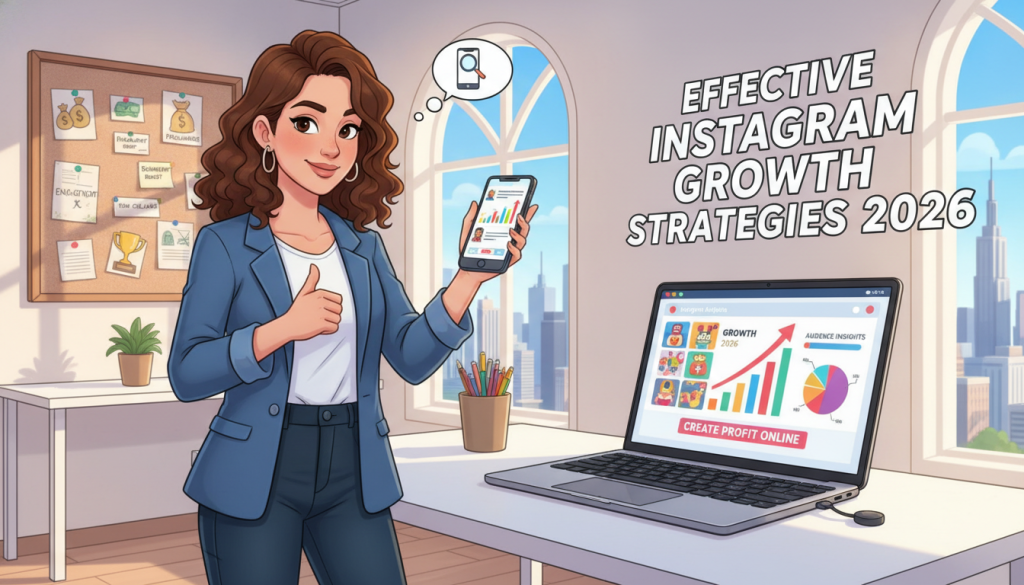 A dynamic and engaging scene illustrating a professional setting focused on growing an Instagram account. In the foreground, a confident young professional in smart casual attire, holding a smartphone, is actively analyzing Instagram analytics on the screen. The middle layer features a sleek laptop displaying vibrant Instagram feed visuals and growth charts. In the background, a modern office with bright, natural lighting filters through large windows, creating an inspiring atmosphere. Include motivational decor, like a vision board with social media goals. The composition should convey a sense of success and innovation, infused with the brand ethos of "Create Profit Online," focusing on effective growth strategies for 2026.
