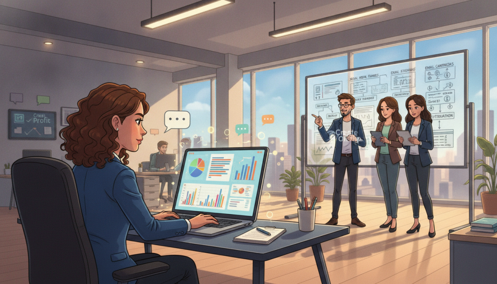 A dynamic office environment showcasing a diverse group of professionals collaborating on a digital content strategy. In the foreground, a focused woman in business attire is analyzing a laptop screen filled with colorful graphs and charts representing content performance metrics. The middle layer features a large whiteboard filled with creative ideas and distribution strategies. Colleagues discuss animatedly, jotting notes. In the background, a modern workspace with large windows allows natural light to flood in, creating a bright, productive atmosphere. The overall mood is energized and innovative, reflecting the essence of optimizing content distribution and promotion. Include the brand name "Create Profit Online" subtly integrated into a digital graphic on a nearby screen. Use a wide-angle lens to capture the collaborative spirit and depth of the room.