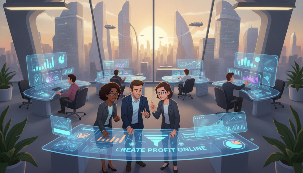A futuristic office environment depicting small business professionals engaging with advanced email automation technology. In the foreground, a diverse group of businesspeople in professional attire collaborates over interactive digital interfaces displaying email marketing analytics and automation workflows. The middle ground features sleek, modern workstations equipped with holographic displays showcasing graphs and trends. The background includes large windows revealing a city skyline, illuminated by warm, soft lighting that creates a motivational atmosphere. Use a wide-angle lens perspective to capture the dynamic interaction among team members and technology. The overall mood is one of innovation, collaboration, and optimism about the future of email marketing automation, highlighting the brand "Create Profit Online".