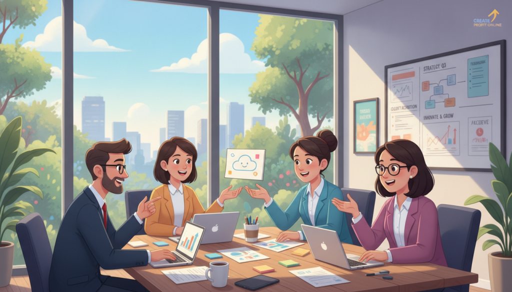 A harmonious workspace set against a bright, open office environment that embodies the spirit of freelance collaboration. In the foreground, a diverse group of four professionals, dressed in smart business casual attire, passionately discussing ideas around a large wooden table filled with laptops, charts, and notes. The middle ground showcases floor-to-ceiling windows with greenery outside, symbolizing growth and opportunity. The background features motivational artwork and a whiteboard filled with strategic plans. Soft, natural lighting pours in, creating an inviting atmosphere that fosters creativity and teamwork. The mood is optimistic and dynamic, highlighting the essence of integrating efforts for consistent growth in freelancing, with a subtle logo of “Create Profit Online” incorporated into the office decor.