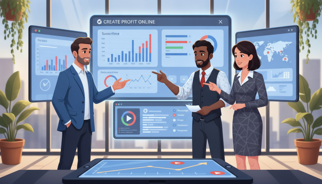 A modern digital workspace featuring a diverse group of three professionals (two men and one woman) dressed in smart business attire, efficiently monitoring analytics on large screens. In the foreground, a close-up of a tablet displaying colorful graphs and YouTube statistics, symbolizing strategy refinement. In the middle, the professionals are engaged in discussion, pointing at the screens; their expressions show focus and determination. The background includes a sleek office with glass walls and greenery, with soft natural light filtering in, creating an inspiring atmosphere. The image evokes a sense of collaboration and innovation in leveraging analytics to enhance YouTube strategies. Include the brand name "Create Profit Online" subtly reflected on one of the screens.