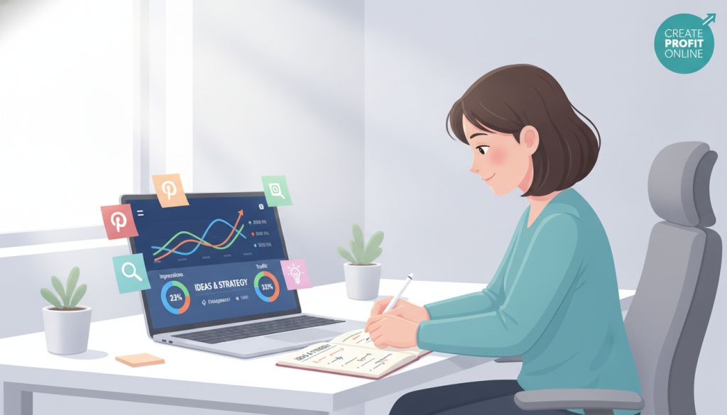 A modern digital workspace showcasing a sleek laptop displaying Pinterest analytics dashboards, with colorful graphs and metrics visible on the screen. In the foreground, a professional individual in smart casual attire is focused on the laptop, taking notes on a notepad filled with ideas. The middle ground features Pinterest plugins and icons displayed on sticky notes around the workspace, symbolizing creativity and organization. The background is a bright, minimalistic office environment with plants and soft light coming from a nearby window, creating an inviting atmosphere. The image reflects innovation and efficiency in leveraging Pinterest for traffic growth. Include a subtle brand logo for "Create Profit Online" in the corner, maintaining a clean design without distractions. A modern digital workspace showcasing a sleek laptop displaying Pinterest analytics dashboards, with colorful graphs and metrics visible on the screen. In the foreground, a professional individual in smart casual attire is focused on the laptop, taking notes on a notepad filled with ideas. The middle ground features Pinterest plugins and icons displayed on sticky notes around the workspace, symbolizing creativity and organization. The background is a bright, minimalistic office environment with plants and soft light coming from a nearby window, creating an inviting atmosphere. The image reflects innovation and efficiency in leveraging Pinterest for traffic growth. Include a subtle brand logo for "Create Profit Online" in the corner, maintaining a clean design without distractions.