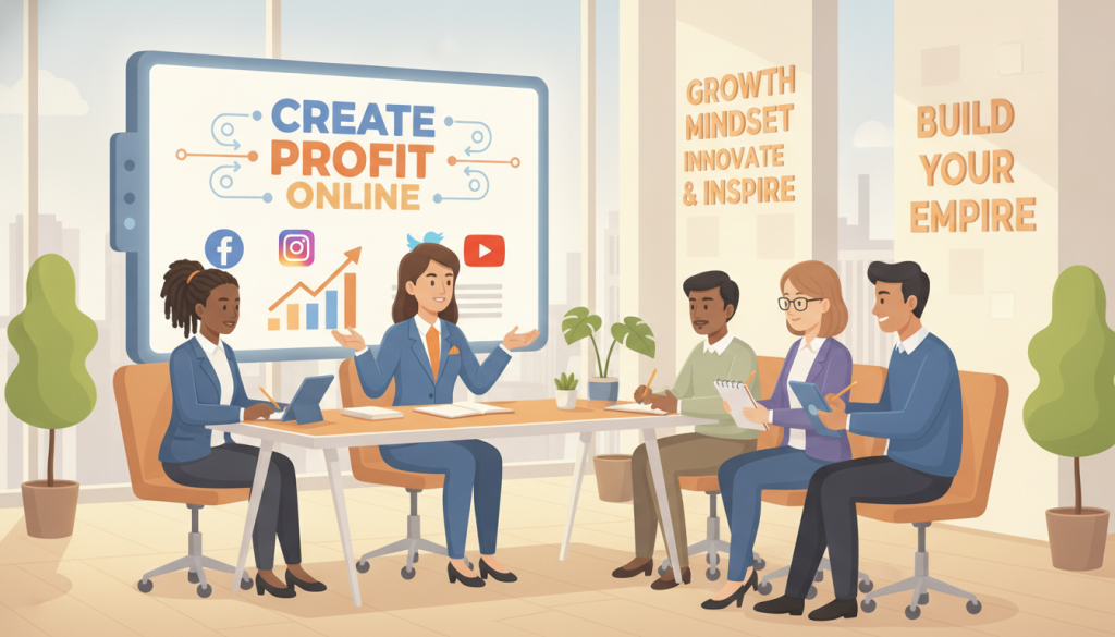 A modern, motivational workspace featuring a confident individual sitting at a stylish desk, focusing on building their personal brand. The foreground shows the person in professional business attire, passionately discussing ideas with a diverse group of colleagues who are engaged and taking notes. The middle ground features a large digital screen displaying the brand name "Create Profit Online," along with visually appealing infographics and social media icons. The background showcases a bright, airy office filled with motivational quotes and plants, emphasizing creativity and growth. The lighting is warm and inviting, with a soft focus to create an inspiring atmosphere. Capture the scene from a slightly elevated angle to show the interaction and connection among the team.