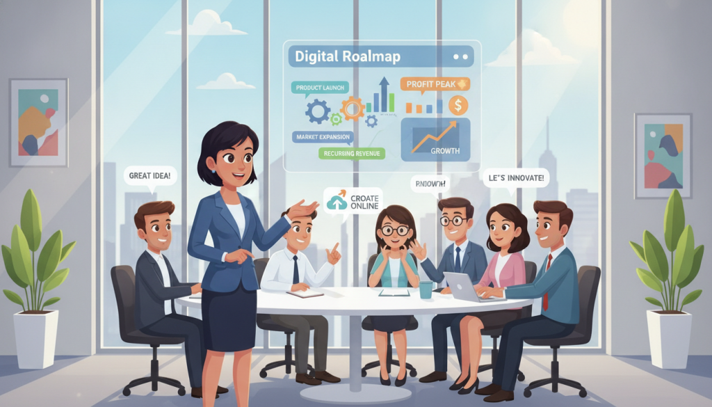 A modern office setting with a diverse group of professionals collaborating around a sleek, round table. In the foreground, a confident woman in business attire presents a colorful digital roadmap illustrating a profitable business model, with charts and graphs showing growth trends. In the middle, focused individuals take notes and engage in discussion, exuding a productive and dynamic atmosphere. The background features large windows with bright natural light streaming in, giving the space an open and inviting feel. Subtle details like plants and modern artwork enhance the professional ambiance. The scene captures the spirit of teamwork and innovation, reflecting the essence of "Create Profit Online" in building a successful digital product business model.