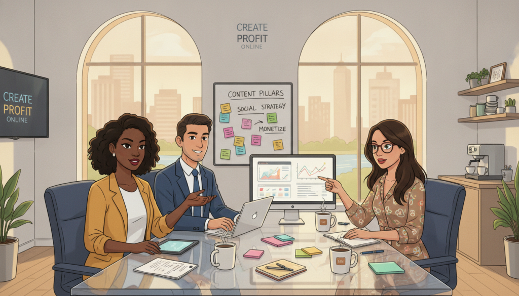 A modern, stylish office setting with a focus on establishing a successful content creation business. In the foreground, a diverse group of three professionals, a Black woman in smart casual attire, a Hispanic man in business formal wear, and a South Asian woman in a trendy yet professional outfit, are engaged in a vibrant brainstorming session around a sleek, glass conference table filled with laptops, notepads, and creative materials. The middle ground features a whiteboard filled with colorful ideas and a coffee station. In the background, large windows let in warm, natural light, showcasing a city skyline. The atmosphere is dynamic and inspiring, conveying teamwork and innovation, with the brand name "Create Profit Online" subtly integrated into the office decor. Ideal for an article about starting a content creation business.