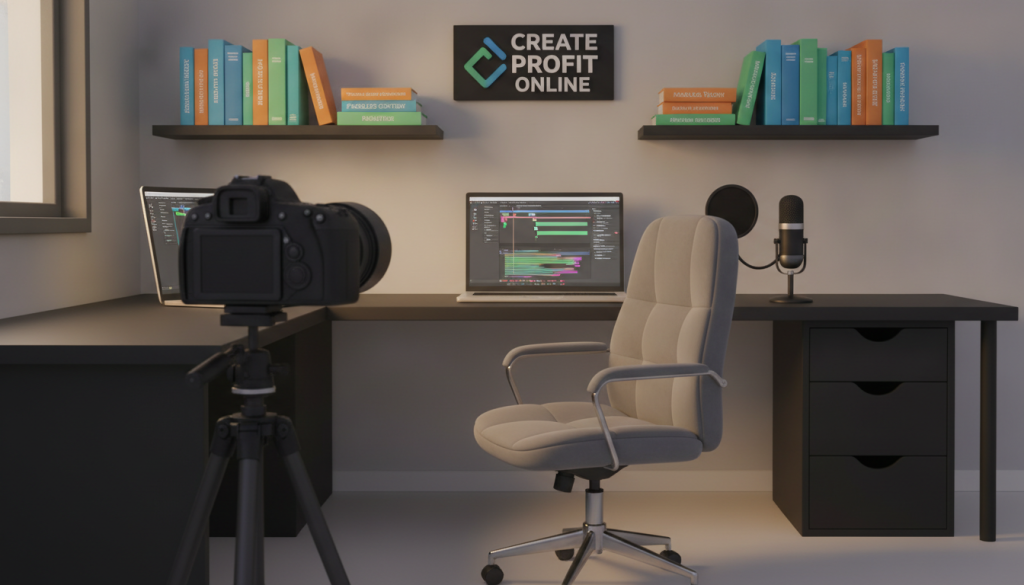 A modern workspace dedicated to faceless video production, featuring an array of professional tools scattered on a sleek black desk. In the foreground, a high-quality camera on a tripod focuses on an empty chair, with soft lighting creating a warm atmosphere. To the side, a microphone stands ready, and a laptop displays video editing software, emphasizing the digital aspect of content creation. In the background, shelves lined with books about video production and marketing strategies, branded "Create Profit Online", add depth. The overall mood is creative and inspiring, ideal for illustrating innovative methods to produce engaging content without showing one's face. The angle is slightly elevated, providing a clear view of the entire setup, capturing the essence of modern video production practices.