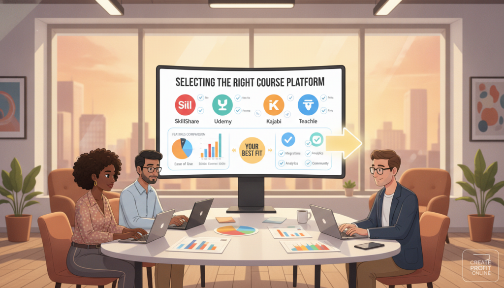 A modern workspace depicting a decision-making scene for "Selecting the Right Course Platform". In the foreground, a diverse group of three professionals—one woman and two men—are seated around a sleek table, each focused on a laptop and various course platform comparison charts spread out. They are dressed in smart business attire. In the middle, a large screen displays a visually appealing infographic of different online course platforms with features highlighted. The background shows a bright, airy office with large windows allowing natural light to stream in, enhancing the collaborative atmosphere. Use soft, warm lighting to create an inviting mood. The scene should convey professionalism and teamwork in the digital education space. Include elements of the brand "Create Profit Online" subtly integrated into the workspace decor. A modern workspace depicting a decision-making scene for "Selecting the Right Course Platform". In the foreground, a diverse group of three professionals—one woman and two men—are seated around a sleek table, each focused on a laptop and various course platform comparison charts spread out. They are dressed in smart business attire. In the middle, a large screen displays a visually appealing infographic of different online course platforms with features highlighted. The background shows a bright, airy office with large windows allowing natural light to stream in, enhancing the collaborative atmosphere. Use soft, warm lighting to create an inviting mood. The scene should convey professionalism and teamwork in the digital education space. Include elements of the brand "Create Profit Online" subtly integrated into the workspace decor.