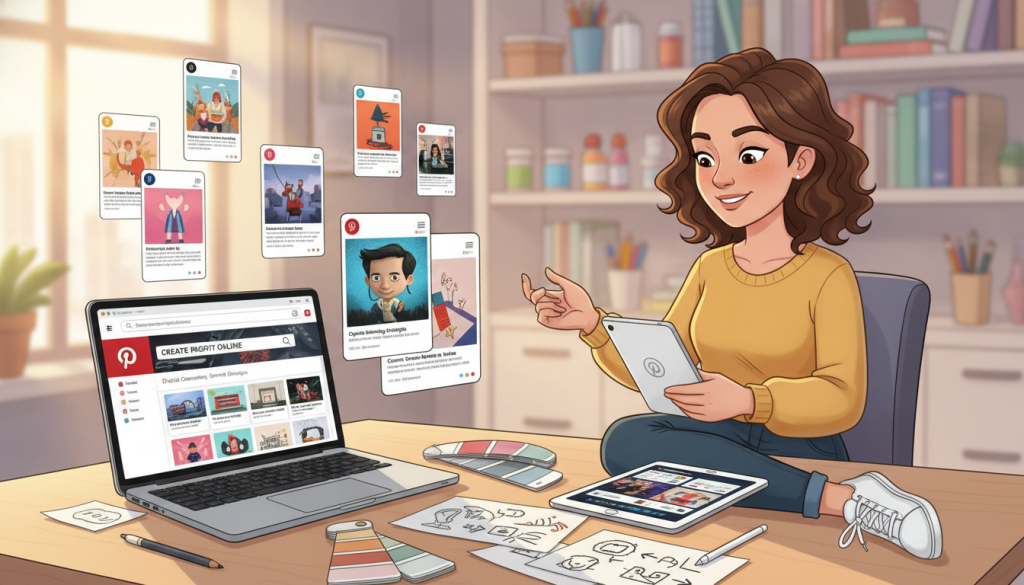 A modern workspace featuring an attractive display of Pinterest pins in the foreground, showcasing vibrant colors and appealing designs. There are digital devices like a laptop and tablet with Pinterest open, surrounded by design tools such as color swatches and sketch papers. In the middle, a professional woman in smart-casual attire is intently curating her pins, exuding creativity and focus. The background is softly blurred with shelves of art supplies and bookshelves to emphasize a productive atmosphere. Warm, natural light filters through a window, casting a cozy glow, enhancing the inviting feel of the scene. The overall mood is inspiring and energetic, embodying the essence of "Create Profit Online" through digital marketing creativity. A modern workspace featuring an attractive display of Pinterest pins in the foreground, showcasing vibrant colors and appealing designs. There are digital devices like a laptop and tablet with Pinterest open, surrounded by design tools such as color swatches and sketch papers. In the middle, a professional woman in smart-casual attire is intently curating her pins, exuding creativity and focus. The background is softly blurred with shelves of art supplies and bookshelves to emphasize a productive atmosphere. Warm, natural light filters through a window, casting a cozy glow, enhancing the inviting feel of the scene. The overall mood is inspiring and energetic, embodying the essence of "Create Profit Online" through digital marketing creativity.