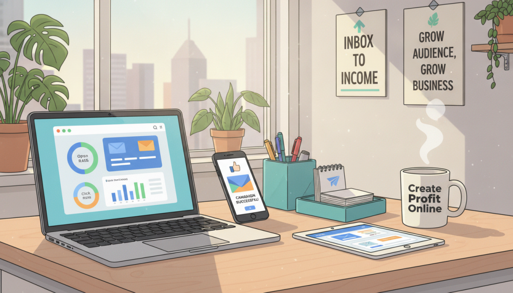 A modern workspace featuring various tools and technologies for email campaigns, emphasizing a vibrant and professional atmosphere. In the foreground, showcase a sleek laptop displaying an email marketing dashboard, surrounded by colorful charts and graphs. Beside it, a smartphone with notifications of a successful email campaign, and a tablet with an innovative email design application. In the middle, a stylish desk organizer filled with pens and notepads, alongside a mug with the brand name "Create Profit Online". The background includes a bright, inspirational office setting with motivational posters and plants, complemented by soft, natural lighting that evokes creativity and focus. The scene should maintain a clean and organized feel, reflecting excellence in email campaign strategies. A modern workspace featuring various tools and technologies for email campaigns, emphasizing a vibrant and professional atmosphere. In the foreground, showcase a sleek laptop displaying an email marketing dashboard, surrounded by colorful charts and graphs. Beside it, a smartphone with notifications of a successful email campaign, and a tablet with an innovative email design application. In the middle, a stylish desk organizer filled with pens and notepads, alongside a mug with the brand name "Create Profit Online". The background includes a bright, inspirational office setting with motivational posters and plants, complemented by soft, natural lighting that evokes creativity and focus. The scene should maintain a clean and organized feel, reflecting excellence in email campaign strategies.