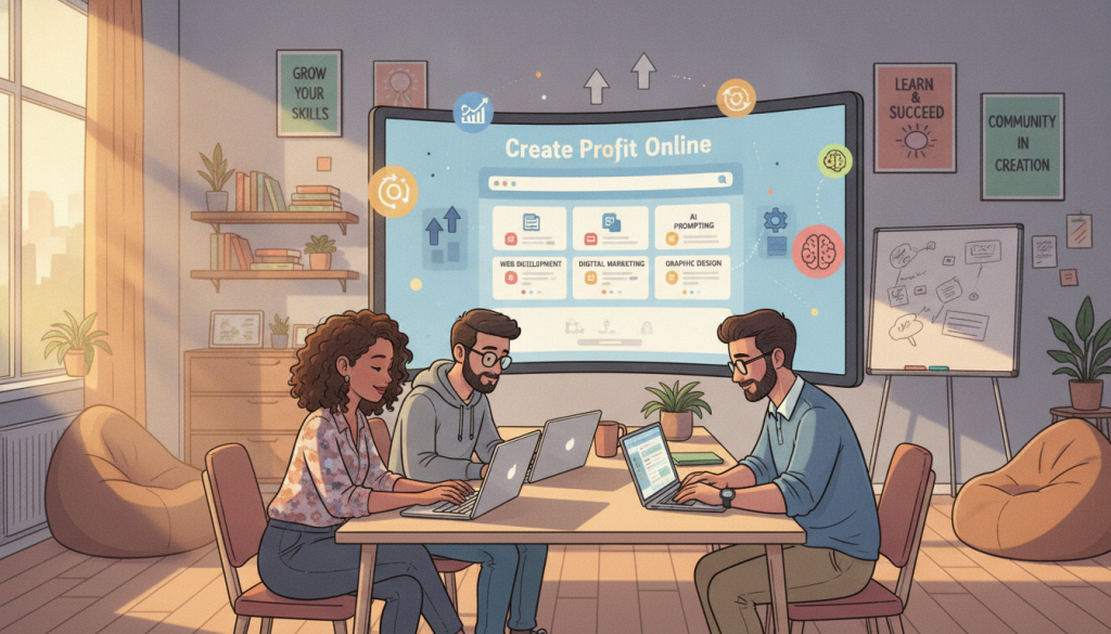 A modern workspace focused on upskilling and training for freelancers. In the foreground, a diverse group of three professionals—one woman and two men—are engaged in an online training session on laptops, dressed in smart casual attire. The middle layer features a large, vibrant screen displaying a well-organized online course platform with various tech skills, surrounded by colorful infographics. In the background, a cozy, stylish office space filled with books, plants, and inspirational posters about learning and growth, creating a productive atmosphere. Soft, natural light streams in through a window, enhancing the warm, collaborative feeling. The branding "Create Profit Online" subtly incorporated into the scene. Aim for an inviting and motivational vibe that embodies community and growth in freelancing.