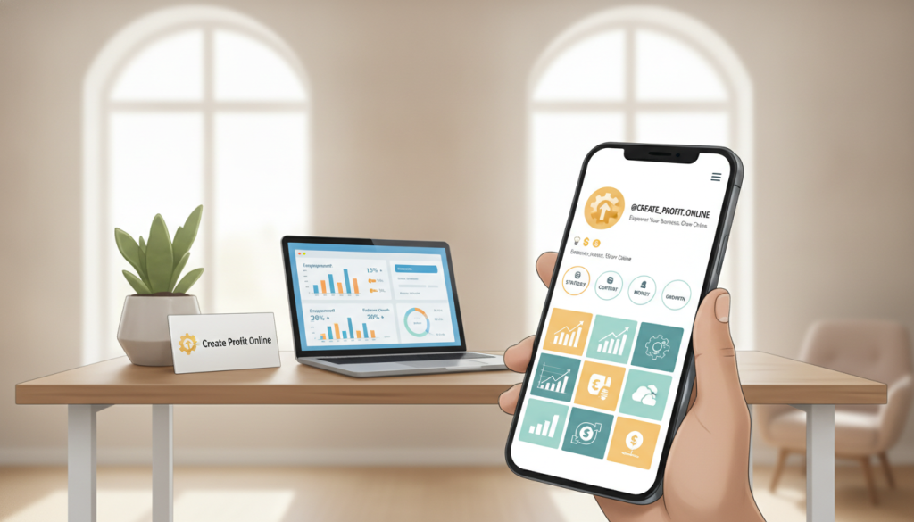 A modern workspace scene showcasing a well-optimized Instagram profile on a smartphone screen, placed prominently in the foreground. The middle ground features a stylish desk with branding elements, displaying the brand name "Create Profit Online" on a sleek business card. A potted plant adds a touch of freshness, while a laptop is slightly open, displaying analytics for engagement and growth. In the background, a bright, airy room with large windows lets in natural light, creating an inviting atmosphere. The mood is professional yet creative, inspiring small business owners to enhance their online presence. Use a soft-focus effect to emphasize the smartphone and desk setup, highlighting details like profile aesthetics and design elements without any text or captions.