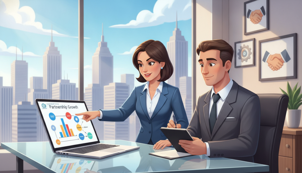 A professional business scene in a sleek, modern office featuring two individuals collaborating over a laptop, deeply engaged in strategizing about partnerships for backlinks. In the foreground, a woman in a smart business attire points at a graph displayed on the screen, while a man in a tailored suit takes notes on a notepad. In the middle ground, a large window reveals a vibrant city skyline, filled with high-rise buildings and blue skies, symbolizing growth and opportunity. The background includes framed pictures of successful collaborations, emphasizing the theme of partnerships. Soft, natural lighting filters through the window, creating an inviting atmosphere. The overall mood is productive and optimistic. Include a subtle logo of "Create Profit Online" in the corner of the laptop screen. A professional business scene in a sleek, modern office featuring two individuals collaborating over a laptop, deeply engaged in strategizing about partnerships for backlinks. In the foreground, a woman in a smart business attire points at a graph displayed on the screen, while a man in a tailored suit takes notes on a notepad. In the middle ground, a large window reveals a vibrant city skyline, filled with high-rise buildings and blue skies, symbolizing growth and opportunity. The background includes framed pictures of successful collaborations, emphasizing the theme of partnerships. Soft, natural lighting filters through the window, creating an inviting atmosphere. The overall mood is productive and optimistic. Include a subtle logo of "Create Profit Online" in the corner of the laptop screen.