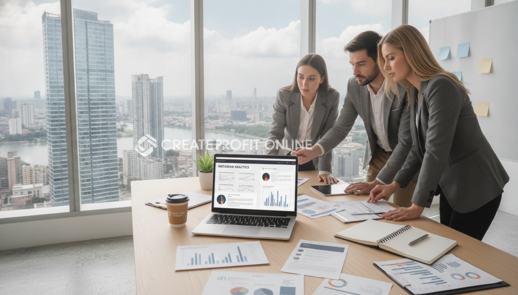 A professional business setting focused on conducting competitive analysis on Instagram. In the foreground, a diverse group of three individuals in business attire, two women and one man, are gathered around a laptop displaying Instagram analytics and competitor profiles. The middle section features a modern office desk scattered with digital marketing reports, Instagram screenshots, and charts. The background includes a large window letting in soft, natural light, and cityscape views, suggesting an urban office atmosphere. The overall mood is focused and collaborative, with a hint of creativity. Capture the essence of strategizing and teamwork while incorporating the brand logo "Create Profit Online" subtly within the scene, ensuring clarity and professionalism. A professional business setting focused on conducting competitive analysis on Instagram. In the foreground, a diverse group of three individuals in business attire, two women and one man, are gathered around a laptop displaying Instagram analytics and competitor profiles. The middle section features a modern office desk scattered with digital marketing reports, Instagram screenshots, and charts. The background includes a large window letting in soft, natural light, and cityscape views, suggesting an urban office atmosphere. The overall mood is focused and collaborative, with a hint of creativity. Capture the essence of strategizing and teamwork while incorporating the brand logo "Create Profit Online" subtly within the scene, ensuring clarity and professionalism.
