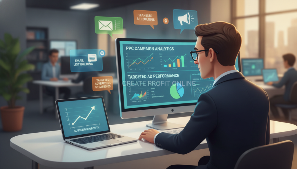 A professional digital marketer in business attire sits at a sleek desk, analyzing data on a high-resolution monitor displaying PPC campaign statistics and targeted ad performance. In the foreground, a laptop shows a graph trending upward, symbolizing subscriber growth. The middle ground features vibrant charts and infographics that illustrate strategies for effective email list building through targeted advertising. Soft, ambient lighting creates a warm atmosphere, highlighting the focus of the marketer. A blurred office background conveys a busy but organized workspace. The composition reflects a motivational and productive mood, encouraging readers to visualize success in growing their subscriber base. Branding elements subtly integrate "Create Profit Online" into the digital displays.