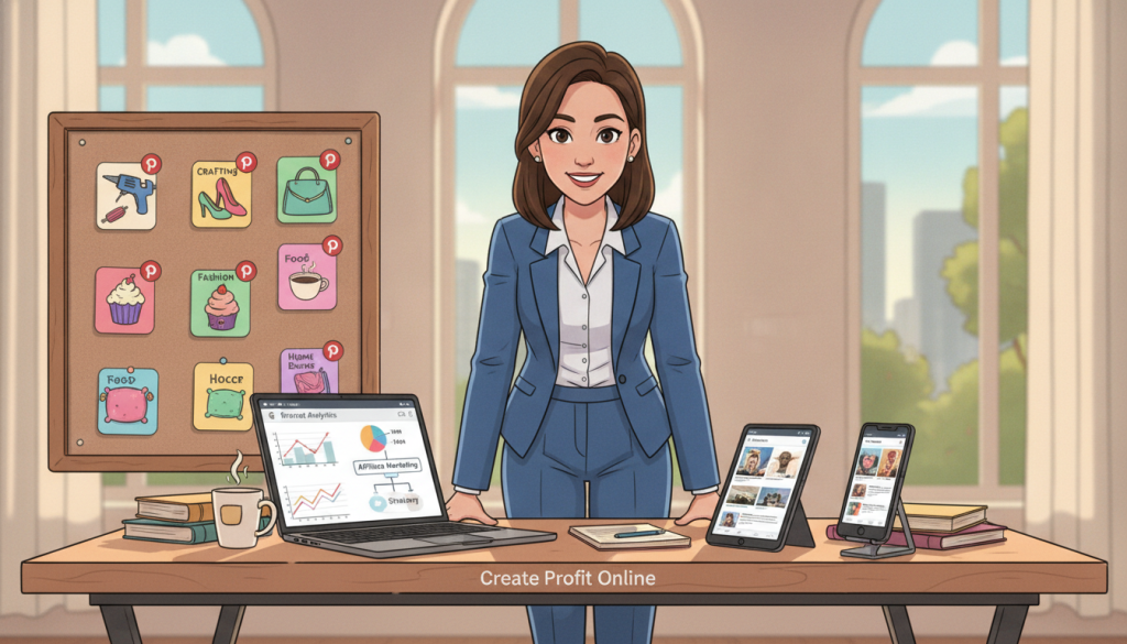A professional female marketer, dressed in smart business attire, stands confidently at a modern workspace with a laptop open, showcasing Pinterest analytics and a well-structured marketing strategy. In the foreground, a bulletin board filled with colorful Pinterest pins illustrates various niches such as crafting, fashion, and food. The middle ground features a sleek desk with marketing materials and a smartphone displaying the Pinterest app. The background includes large windows with natural light streaming in, creating a bright and inspiring atmosphere. The mood is focused and creative, emphasizing the effectiveness of a proven Pinterest marketing strategy for affiliate marketing. Soft shadows add depth, shot with a shallow depth of field to enhance the subject. The brand "Create Profit Online" subtly integrated into elements of the workspace. A professional female marketer, dressed in smart business attire, stands confidently at a modern workspace with a laptop open, showcasing Pinterest analytics and a well-structured marketing strategy. In the foreground, a bulletin board filled with colorful Pinterest pins illustrates various niches such as crafting, fashion, and food. The middle ground features a sleek desk with marketing materials and a smartphone displaying the Pinterest app. The background includes large windows with natural light streaming in, creating a bright and inspiring atmosphere. The mood is focused and creative, emphasizing the effectiveness of a proven Pinterest marketing strategy for affiliate marketing. Soft shadows add depth, shot with a shallow depth of field to enhance the subject. The brand "Create Profit Online" subtly integrated into elements of the workspace.