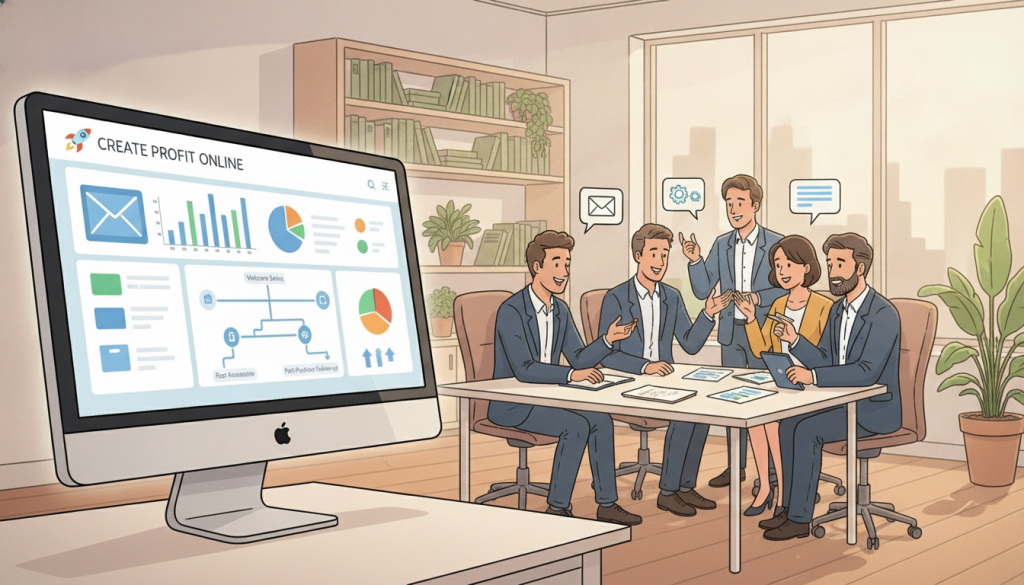 A professional office setting showcasing automation and trigger-based email campaigns. In the foreground, a sleek computer screen displays an intuitive email marketing dashboard with vibrant graphs and analytics. In the middle, a diverse team of business professionals in smart attire collaborates around a conference table, discussing strategies enthusiastically, with notes and tablets displaying campaign ideas. The background features shelves filled with marketing books and plants, creating a fresh atmosphere. Soft, warm lighting illuminates the room, emphasizing productivity and teamwork. The mood is inspiring and focused, encapsulating the essence of modern email marketing. Include the brand name "Create Profit Online" subtly integrated into the digital display on the screen. A professional office setting showcasing automation and trigger-based email campaigns. In the foreground, a sleek computer screen displays an intuitive email marketing dashboard with vibrant graphs and analytics. In the middle, a diverse team of business professionals in smart attire collaborates around a conference table, discussing strategies enthusiastically, with notes and tablets displaying campaign ideas. The background features shelves filled with marketing books and plants, creating a fresh atmosphere. Soft, warm lighting illuminates the room, emphasizing productivity and teamwork. The mood is inspiring and focused, encapsulating the essence of modern email marketing. Include the brand name "Create Profit Online" subtly integrated into the digital display on the screen.