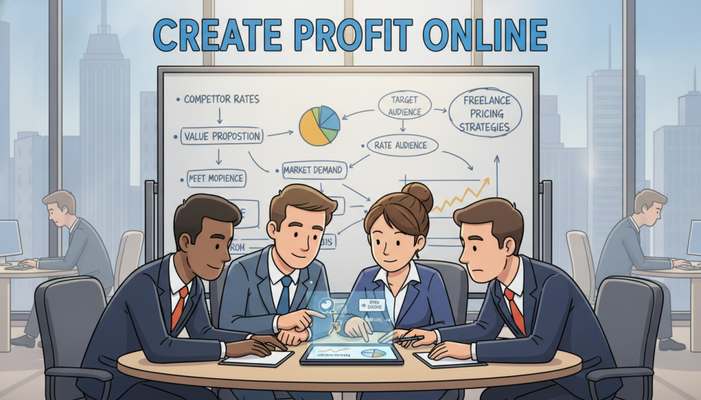 A professional setting depicting market research dynamics in relation to freelance pricing. In the foreground, a diverse group of professionals in business attire collaborate around a conference table, analyzing graphs and charts displayed on a tablet. In the middle ground, a whiteboard filled with market analysis notes and pricing strategies stands out. The background features a modern office space with large windows, allowing natural light to illuminate the scene, creating a bright and engaging atmosphere. The overall mood is focused and analytical, highlighting the importance of strategic decision-making in setting rates. The image should embody the theme of professionalism and careful research, attributed to "Create Profit Online."