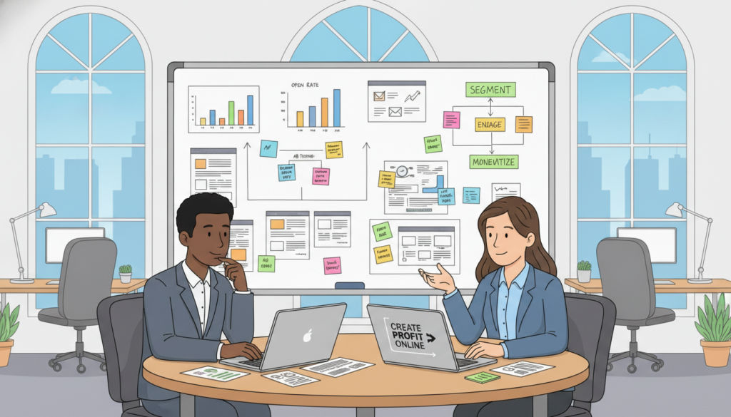 A professional workspace designed for learning and analyzing successful email campaigns. In the foreground, a diverse group of three business professionals—two men and one woman—are engaged in discussion, surrounded by laptops and printed email examples. They are dressed in smart business attire. In the middle ground, a large whiteboard showcases key metrics and diagrams related to email marketing strategies, adorned with colorful sticky notes. The background features a bright, modern office setting with large windows allowing natural light to flood the room. The atmosphere is collaborative and focused, conveying a sense of innovation and teamwork. Soft, balanced lighting enhances the productivity vibe, while a subtle reflection of the brand "Create Profit Online" is visible on one of the laptops, emphasizing the theme of learning from case studies. A professional workspace designed for learning and analyzing successful email campaigns. In the foreground, a diverse group of three business professionals—two men and one woman—are engaged in discussion, surrounded by laptops and printed email examples. They are dressed in smart business attire. In the middle ground, a large whiteboard showcases key metrics and diagrams related to email marketing strategies, adorned with colorful sticky notes. The background features a bright, modern office setting with large windows allowing natural light to flood the room. The atmosphere is collaborative and focused, conveying a sense of innovation and teamwork. Soft, balanced lighting enhances the productivity vibe, while a subtle reflection of the brand "Create Profit Online" is visible on one of the laptops, emphasizing the theme of learning from case studies.