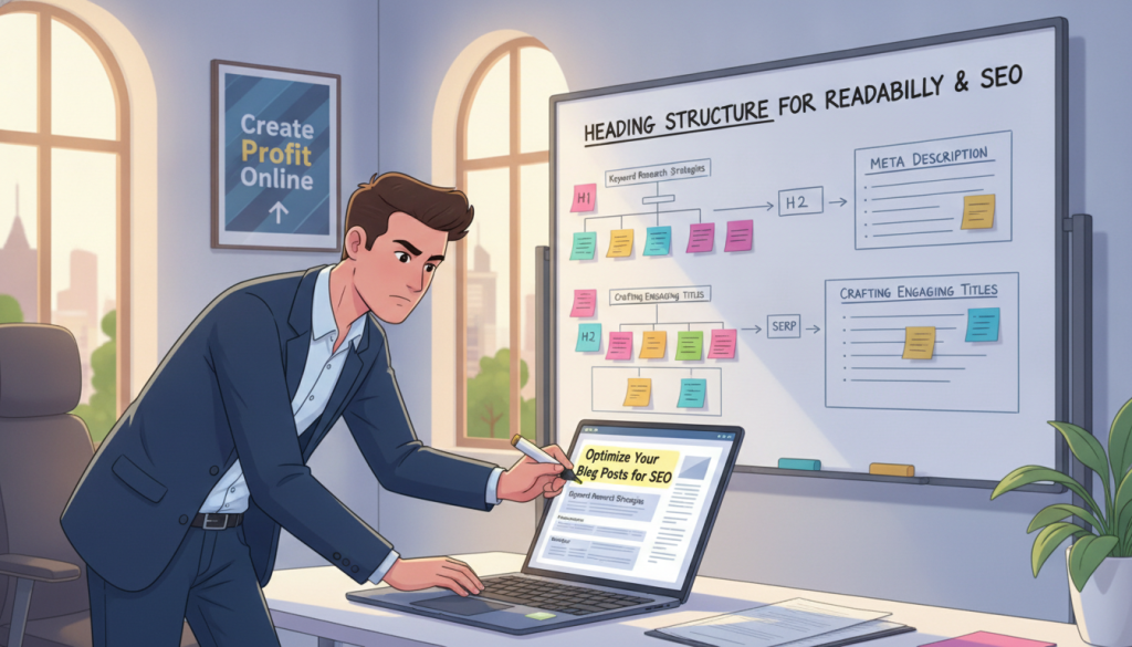 A professional workspace focused on optimizing headings for readability and ranking. In the foreground, a person in business attire is analyzing a digital document displayed on a sleek laptop, highlighting headings with a vibrant yellow marker. In the middle ground, a whiteboard filled with well-structured headings and schema outlines, depicting clear organization, with sticky notes in various colors. The background features large windows allowing soft, natural light to illuminate the room, creating an efficient and inspiring atmosphere. The mood reflects focus and productivity, with the brand name "Create Profit Online" subtly integrated into the environment, perhaps on a poster on the wall. Capture this scene from a slightly elevated angle to emphasize the workspace dynamics.