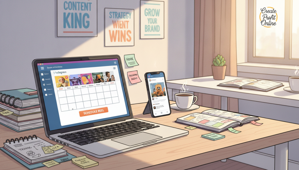 A professional workspace showcasing the concept of scheduling Instagram Reels for effective publishing. In the foreground, a laptop with a screen displaying an Instagram scheduling tool, surrounded by notepads and colorful sticky notes. The middle ground features a modern desk with a stylish planner and a smartphone propped up, showing a preview of an Instagram Reel. In the background, a softly blurred wall adorned with motivational posters related to social media strategies. The lighting is bright and inviting, suggesting a productive atmosphere, with warm sunlight streaming through a window, creating a calm and inspiring vibe. The scene reflects a focus on organization and creativity, embodying the essence of a strategic approach to Instagram content. Include subtle branding for "Create Profit Online" in the design elements.