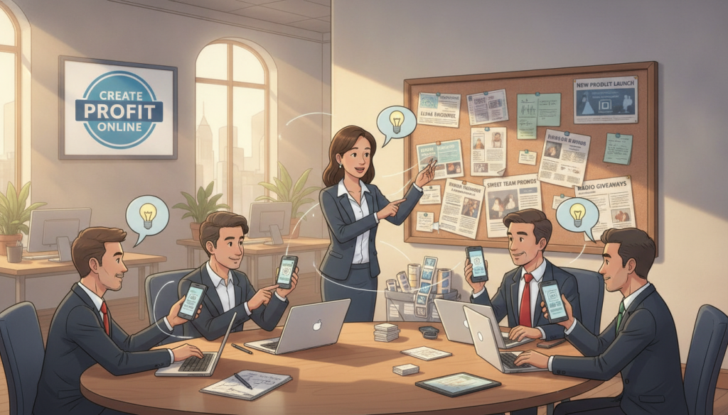 A professional workspace showcasing the integration of offline tactics and SMS campaigns. In the foreground, a diverse group of business professionals, dressed in professional business attire, collaborate around a table with laptops and mobile devices, brainstorming ideas. The middle ground features a bulletin board filled with colorful flyers and postcards that capture offline marketing strategies. In the background, a bright open office space with large windows, allowing soft sunlight to illuminate the scene, creating an inviting and productive atmosphere. Include a framed logo on the wall that reads "Create Profit Online" to reflect the brand’s focus. The image should convey a sense of teamwork, innovation, and the synergy between traditional and digital marketing approaches, emphasizing connectivity and communication.