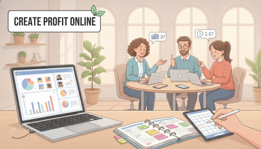 A serene and organized workspace showcasing a digital marketing scene, highlighting the theme of scheduling tools for Instagram content. In the foreground, a sleek laptop displays the Instagram dashboard filled with graphs and posts, while a planner lies open with colorful sticky notes, symbolizing the scheduling process. In the middle, a diverse group of young professionals in business attire review content strategies, surrounded by laptops and digital devices, exuding collaboration and focus. The background features a modern office environment with soft natural lighting pouring in from large windows. Incorporate elements of greenery, like potted plants, to add freshness. The mood is productive and inspiring, reflecting efficiency in building Instagram followers organically, aligned with "Create Profit Online." A serene and organized workspace showcasing a digital marketing scene, highlighting the theme of scheduling tools for Instagram content. In the foreground, a sleek laptop displays the Instagram dashboard filled with graphs and posts, while a planner lies open with colorful sticky notes, symbolizing the scheduling process. In the middle, a diverse group of young professionals in business attire review content strategies, surrounded by laptops and digital devices, exuding collaboration and focus. The background features a modern office environment with soft natural lighting pouring in from large windows. Incorporate elements of greenery, like potted plants, to add freshness. The mood is productive and inspiring, reflecting efficiency in building Instagram followers organically, aligned with "Create Profit Online."