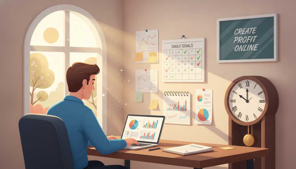 A serene office environment symbolizing the essence of "Understanding the Role of Time and Consistency in Affiliate Marketing." In the foreground, a focused professional in business attire, reviewing analytics on a laptop, with a clock prominently displayed beside them, emphasizing the importance of time. The middle ground features a workspace cluttered with market research notes, graphs, and a calendar with consistent daily goals marked. The background shows a large window with natural light streaming in, symbolizing growth and opportunity. The atmosphere is motivational and aspirational, filled with soft lighting that creates a sense of urgency and purpose. The brand name "Create Profit Online" subtly incorporated into the office decor, resembling motivational artwork on the wall. A serene office environment symbolizing the essence of "Understanding the Role of Time and Consistency in Affiliate Marketing." In the foreground, a focused professional in business attire, reviewing analytics on a laptop, with a clock prominently displayed beside them, emphasizing the importance of time. The middle ground features a workspace cluttered with market research notes, graphs, and a calendar with consistent daily goals marked. The background shows a large window with natural light streaming in, symbolizing growth and opportunity. The atmosphere is motivational and aspirational, filled with soft lighting that creates a sense of urgency and purpose. The brand name "Create Profit Online" subtly incorporated into the office decor, resembling motivational artwork on the wall.
