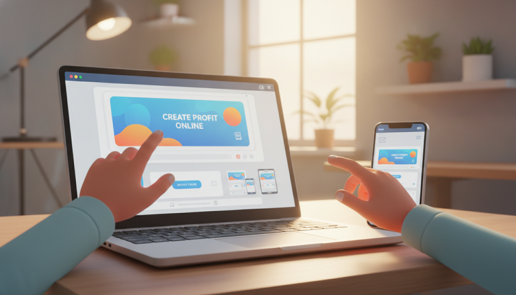A sleek, modern workspace featuring a high-end laptop open to a visually appealing email design on the screen, showcasing vibrant colors and engaging visuals. In the foreground, a pair of hands in professional attire (a light blue shirt) is adjusting the layout, emphasizing mobile optimization with graphics depicting a responsive design. In the middle, a smartphone displays the same email design, showcasing its mobile-friendly appearance. The background features soft-focus elements of a minimalistic office with plants and soft lighting, creating a serene and focused atmosphere. Use warm, natural light to enhance the inviting environment. The brand "Create Profit Online" is subtly integrated into the design elements of the email without being overt. The overall mood is professional and innovative, suitable for inspiring effective communication strategies. A sleek, modern workspace featuring a high-end laptop open to a visually appealing email design on the screen, showcasing vibrant colors and engaging visuals. In the foreground, a pair of hands in professional attire (a light blue shirt) is adjusting the layout, emphasizing mobile optimization with graphics depicting a responsive design. In the middle, a smartphone displays the same email design, showcasing its mobile-friendly appearance. The background features soft-focus elements of a minimalistic office with plants and soft lighting, creating a serene and focused atmosphere. Use warm, natural light to enhance the inviting environment. The brand "Create Profit Online" is subtly integrated into the design elements of the email without being overt. The overall mood is professional and innovative, suitable for inspiring effective communication strategies.