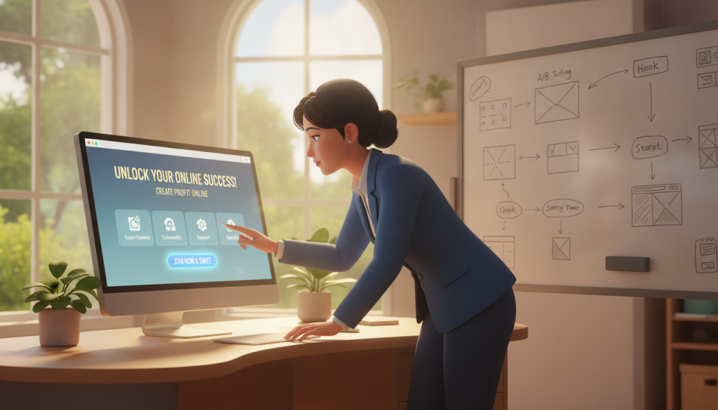 A sleek, modern workspace featuring a high-tech computer displaying a visually appealing landing page for an online course, designed to attract customers. In the foreground, a professional woman in smart business attire, intently analyzing the website's layout and call-to-action buttons. The middle ground showcases a large whiteboard filled with brainstorming notes and design sketches relevant to landing page optimization. In the background, soft natural light streams through large windows, creating a bright and motivating atmosphere. A subtle backdrop of greenery outside adds to the inspirational mood. The brand logo "Create Profit Online" is subtly included within the landing page design. The composition should have a warm, inviting tone, focused on productivity and creativity. A sleek, modern workspace featuring a high-tech computer displaying a visually appealing landing page for an online course, designed to attract customers. In the foreground, a professional woman in smart business attire, intently analyzing the website's layout and call-to-action buttons. The middle ground showcases a large whiteboard filled with brainstorming notes and design sketches relevant to landing page optimization. In the background, soft natural light streams through large windows, creating a bright and motivating atmosphere. A subtle backdrop of greenery outside adds to the inspirational mood. The brand logo "Create Profit Online" is subtly included within the landing page design. The composition should have a warm, inviting tone, focused on productivity and creativity.