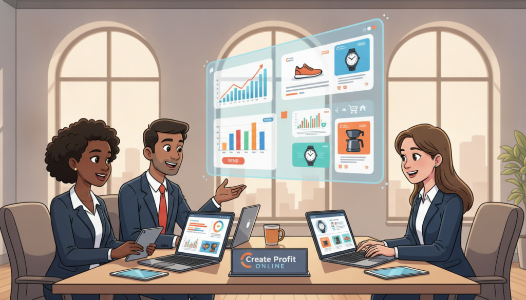 A vibrant and engaging office scene illustrating the concept of "Leveraging Email Marketing and Retargeting Strategies" for e-commerce. In the foreground, a diverse group of three professionals in smart business attire collaborates enthusiastically around a conference table covered with digital devices, laptops open displaying email marketing dashboards and analytics. The middle ground features a large digital screen displaying colorful graphs and retargeting ads, symbolizing e-commerce growth. In the background, a modern office with large windows allows soft, natural light to flood the space, creating a productive, optimistic atmosphere. The overall mood is focused and energetic, perfectly capturing the essence of innovative digital marketing strategies employed by "Create Profit Online".