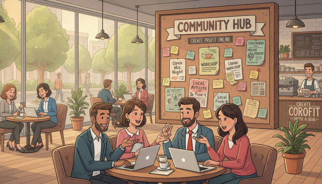 A vibrant and engaging scene set in a cozy, modern café bustling with activity. In the foreground, a diverse group of four individuals—two men and two women—are enthusiastically discussing ideas over laptops and coffee. All are dressed in professional business attire, conveying a sense of collaboration. The middle layer features a large community board displaying colorful posts and event flyers, symbolizing connection and creativity. In the background, large windows let in warm, natural light, creating an inviting atmosphere. Lush greenery is visible outside, enhancing the sense of a thriving community space. The overall mood is friendly and dynamic, capturing the essence of boosting engagement through community interaction while subtly incorporating the brand name "Create Profit Online" into the café's decor.