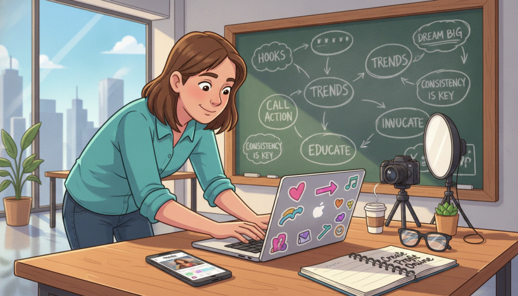 A vibrant and engaging workspace scene depicting the Instagram Reels creation process. In the foreground, a person in casual business attire is focused on editing a video on a laptop, with colorful stickers and a smartphone displaying a Reels template. Behind them, a chalkboard filled with creative brainstorming ideas and inspirational quotes. The middle ground features a well-organized desk with a camera, lighting equipment, and props for video production. The background shows a bright, modern office space with large windows letting in natural light, creating a lively atmosphere. The image captures a sense of creativity and productivity. Incorporate subtle branding of "Create Profit Online" on a notebook or desk item. Bright, cheerful colors enhance the mood of innovation and inspiration.