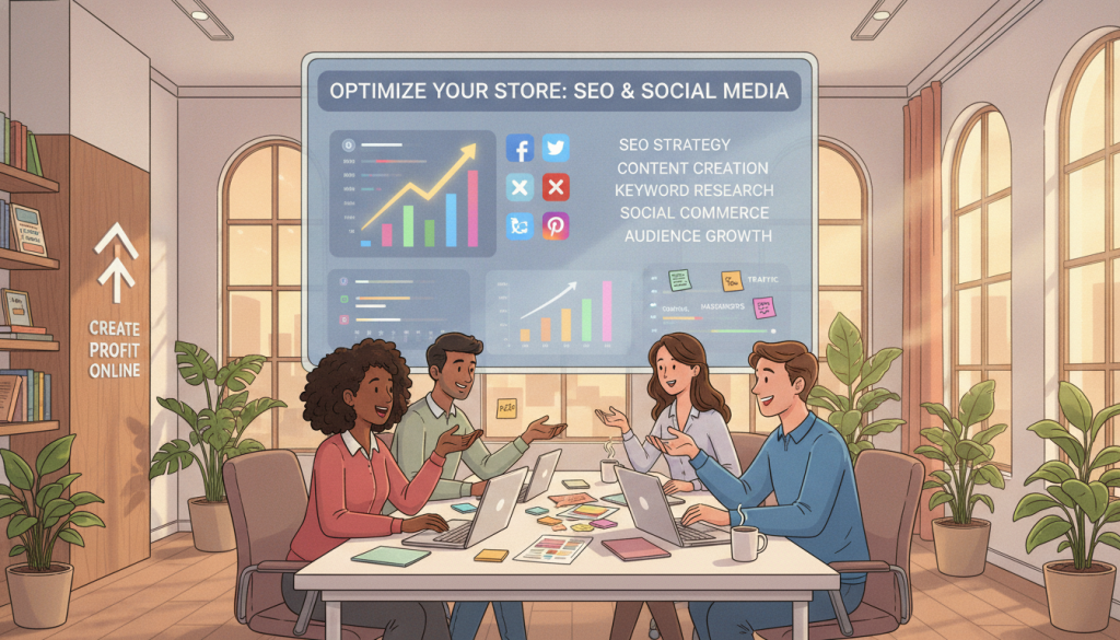 A vibrant digital workspace showcasing the concept of "Optimizing Your Store for SEO & Social Media." In the foreground, a diverse group of three professionals in business attire is engaged in a brainstorming session, enthusiastically discussing strategies around a modern table filled with laptops, graphs, and sticky notes. In the middle, a large digital screen displays colorful analytics, social media icons, and keywords emphasizing SEO. The background features an inviting workspace with plants and books on e-commerce, bathed in warm, natural light filtering through large windows, creating a collaborative and inspiring atmosphere. The overall mood is energetic, focused, and optimistic, reflecting the innovative spirit of the brand "Create Profit Online."