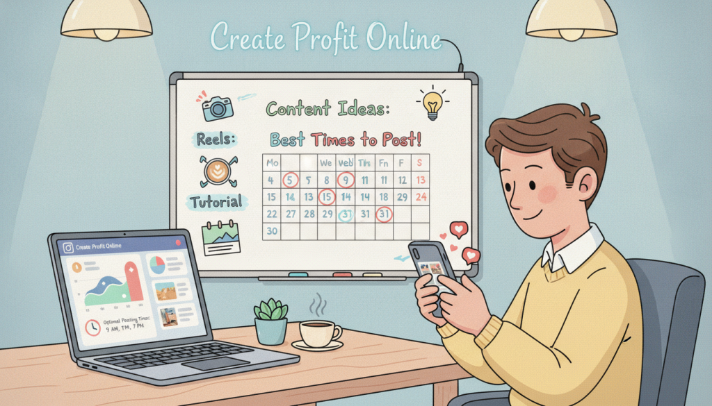 A vibrant illustration of an ideal Instagram posting strategy, featuring a modern workspace. In the foreground, a sleek laptop displays an Instagram analytics dashboard with colorful graphs and optimal posting times. To the right, a professional in smart casual attire meticulously analyzes their smartphone, showcasing various Instagram posts. The middle ground includes a whiteboard filled with creative content ideas and a calendar highlighting the best days and times for posting. The background features soft ambient lighting from overhead lights, creating a productive atmosphere. The color palette is a mix of pastel tones, promoting a fresh and inviting feel. The overall mood is energetic yet focused, ideal for those looking to maximize their social media engagement. Include the brand name "Create Profit Online" subtly incorporated into the workspace decor.