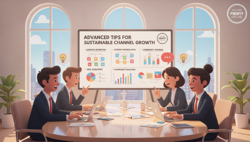 A vibrant, professional scene illustrating "Advanced Tips for Sustainable Channel Growth" in the context of YouTube. In the foreground, a diverse group of four professionals—two men and two women—engaged in a brainstorming session around a modern conference table, all dressed in business attire. In the middle, a whiteboard filled with colorful graphics, charts, and strategies for channel growth. The background features a bright, well-lit office space with large windows showing a city skyline. The atmosphere is collaborative and energetic, emphasizing innovation and success. Soft natural lighting enhances the mood. Focus on a slightly elevated angle to capture the teamwork and excitement. Include branding elements subtly integrated, highlighting "Create Profit Online."