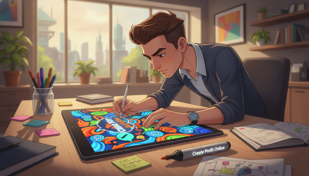 A vibrant workspace filled with creative energy, featuring a professional individual designing an eye-catching visual hook on a large digital tablet. In the foreground, the tablet displays bold colors, dynamic shapes, and engaging imagery that draw attention. The middle ground showcases a clutter-free desk with design tools like markers and sticky notes, emphasizing the brainstorming process. In the background, a bright, spacious room infused with natural light filters through large windows, enhancing the atmosphere of inspiration. The setting conveys a modern and professional feel, with soft shadows to create depth. The subject is dressed in business casual attire, focusing intently on their design. The overall mood is energetic and innovative, encapsulating the essence of designing a clear hook to capture attention. Include the brand name "Create Profit Online" subtly integrated into the design elements of the scene.