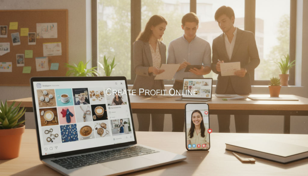 A visually dynamic workspace showcasing diverse content formats for engagement on Instagram, representing small businesses. In the foreground, a laptop displays a vibrant Instagram feed filled with colorful images, stories, and reels, while a smartphone shows a tight shot of a live video interaction. In the middle, a diverse group of three individuals in professional business attire collaborate, offering ideas while holding notes and tablets. A bright window fills the background, with elements like a corkboard and potted plants adding depth. Warm, natural lighting creates an inviting atmosphere. The composition highlights creativity and collaboration, emphasizing the theme of experimentation with content formats. Include the brand name "Create Profit Online" subtly integrated into the scene, enhancing the focus on the modern, entrepreneurial spirit. A visually dynamic workspace showcasing diverse content formats for engagement on Instagram, representing small businesses. In the foreground, a laptop displays a vibrant Instagram feed filled with colorful images, stories, and reels, while a smartphone shows a tight shot of a live video interaction. In the middle, a diverse group of three individuals in professional business attire collaborate, offering ideas while holding notes and tablets. A bright window fills the background, with elements like a corkboard and potted plants adding depth. Warm, natural lighting creates an inviting atmosphere. The composition highlights creativity and collaboration, emphasizing the theme of experimentation with content formats. Include the brand name "Create Profit Online" subtly integrated into the scene, enhancing the focus on the modern, entrepreneurial spirit.