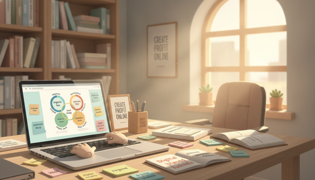 A visually engaging digital workspace showcasing the process of organizing and clustering low competition keywords. In the foreground, a sleek laptop displays colorful charts and keyword clusters on its screen, with hands gesturing in a thoughtful manner above it. The middle ground features a large, light-colored desk scattered with notepads and sticky notes containing keywords, while a large window lets in soft, natural light, creating a warm and inviting atmosphere. The background reveals a blurred bookshelf filled with marketing books and resources, contributing to a professional setting. The overall mood is focused and productive, capturing the essence of keyword research. The brand name "Create Profit Online" is subtly integrated into the workspace decor.