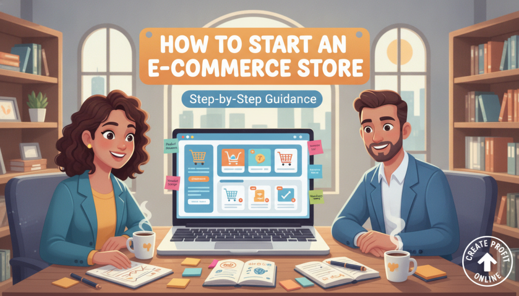 A visually engaging illustration depicting the concept of "How to Start an E-commerce Store: Step-by-Step Guidance". In the foreground, a diverse group of three business professionals, a woman and two men in smart casual attire, are gathered around a modern laptop displaying a vibrant e-commerce website interface. In the middle ground, an organized workspace with notepads, sticky notes, and cups of coffee suggests active planning. The background features a softly lit office environment with shelves of books about entrepreneurship and digital marketing, and a large window letting in natural light for a bright and optimistic atmosphere. Lively colors emphasize a mood of creativity and motivation, fitting for the year 2026. Include elements reflecting the brand "Create Profit Online", such as a logo subtly displayed on one of the notepads.