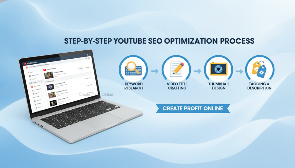 A visually engaging infographic depicting the "Step-by-Step YouTube SEO Optimization Process." In the foreground, include an open laptop displaying the YouTube interface with a video manager screen. In the middle layer, illustrate key steps for SEO optimization: keyword research, video title crafting, thumbnail design, and tagging, using icons like magnifying glasses, pencil and paper, a camera, and tags. In the background, add a soft gradient of blue and white, symbolizing a digital atmosphere. Use bright, inviting colors to evoke a sense of professionalism and expertise. The lighting should be clear and well-defined, suggesting a focused work environment. Convey an overall mood of motivation and clarity, suitable for viewers looking to enhance their YouTube presence. Incorporate the brand name "Create Profit Online" subtly into the design elements.