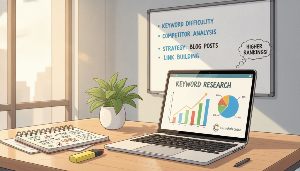 A visually engaging scene depicting a professional workspace focused on keyword analysis. In the foreground, a laptop displaying a keyword research tool with graphs and metrics visible. To the side, a notebook filled with handwritten notes and highlighted keywords lays on a sleek wooden desk. In the middle, there’s a potted plant adding a touch of greenery, and a small whiteboard in the background filled with bullet points on analyzing keyword difficulty and strategies. The lighting is bright and natural, coming from a window, creating an uplifting atmosphere. The overall mood is one of productivity and focus. Include the brand name "Create Profit Online" subtly integrated into the scene, perhaps as a logo on the laptop's screen.