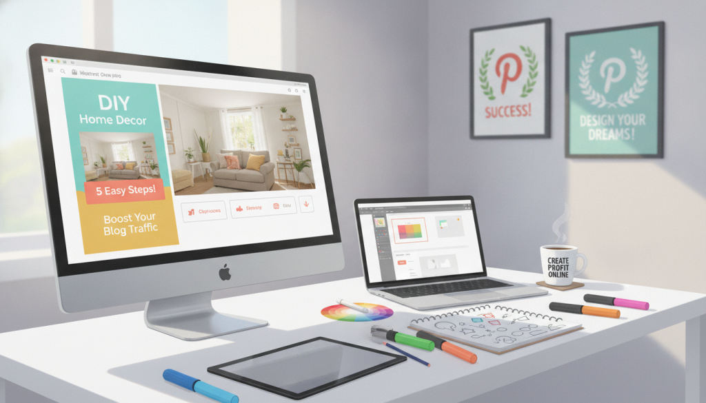 A visually engaging step-by-step guide to creating a static Pinterest pin, featuring a clean and modern workspace. In the foreground, a stylish computer screen displays an appealing Pinterest pin design, complete with vibrant colors and graphics. To the right, a notepad with hand-drawn sketches of design elements, along with colorful markers, adds a creative touch. In the middle, a well-organized desk with a laptop and design tools conveys a productive atmosphere. Soft, natural lighting filters in from a nearby window, creating a warm and inviting mood. A blurred background showcases inspirational decor, like posters of successful Pinterest pins and motivational quotes. The brand name "Create Profit Online" subtly integrated into the workspace. The overall image conveys a professional, yet creative vibe perfect for aspiring Pinterest marketers.