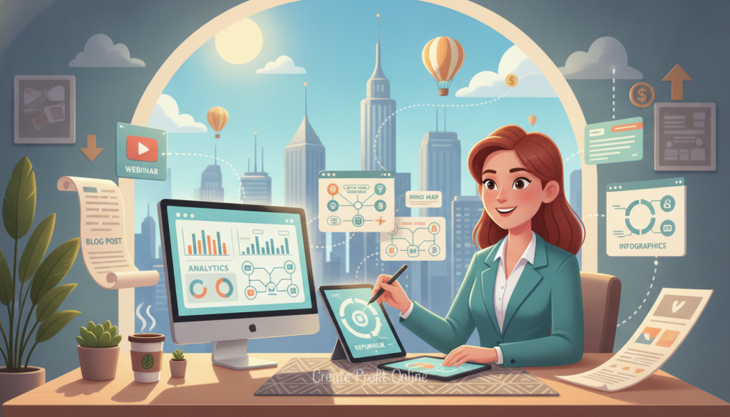 An artistic composition illustrating "Repurposing and Sustaining Your Content" for a content marketing strategy. In the foreground, a professional woman in business attire thoughtfully reviews a portfolio of diverse content formats, like blog posts, videos, and infographics, spread across a stylish workspace. The middle layer features an organized desk with digital devices showing analytics and a creative mind map of content ideas. In the background, a large window reveals a bright cityscape, symbolizing online growth and opportunity. The lighting is warm and inviting, casting soft shadows that enhance the atmosphere of creativity and focus. The scene reflects clarity, inspiration, and professionalism, branded subtly with "Create Profit Online" in the workspace design.